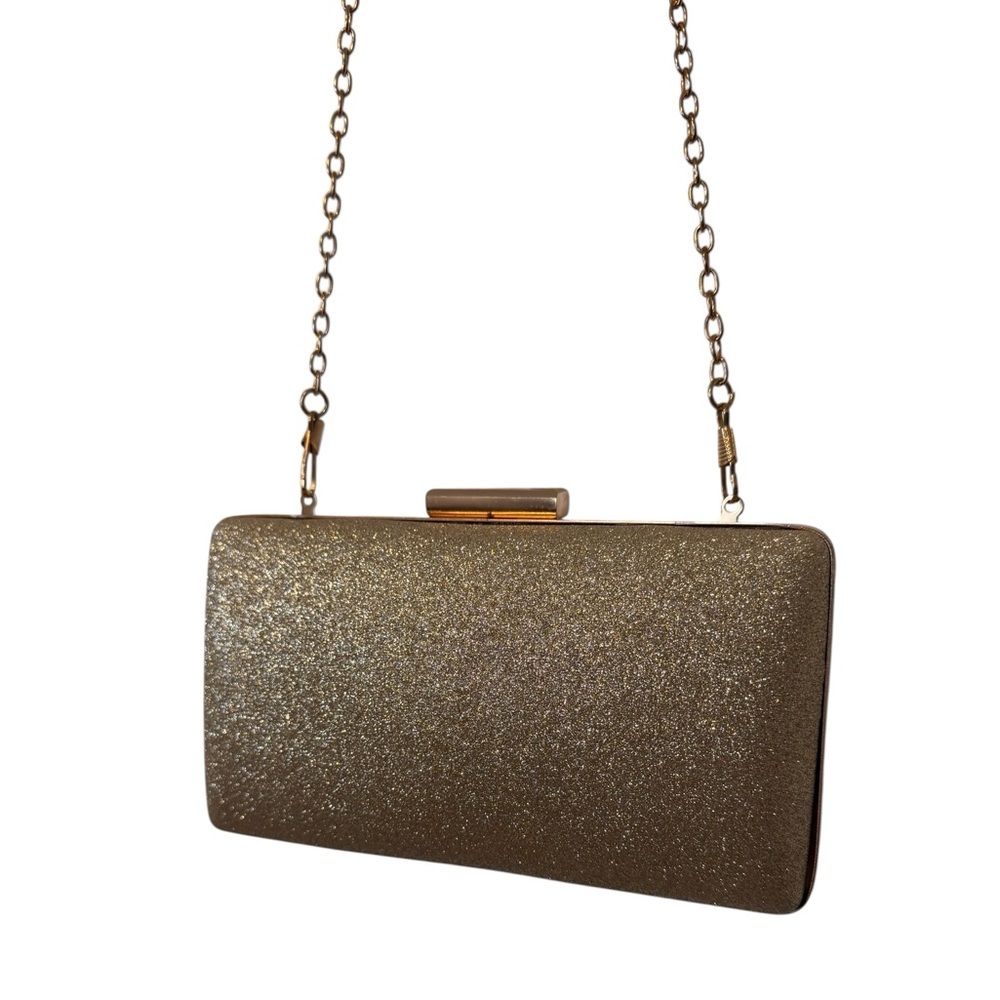 Elegant Gold Glitter Hard Case Evening Clutch Bag Chain Strap Rectangle Shape